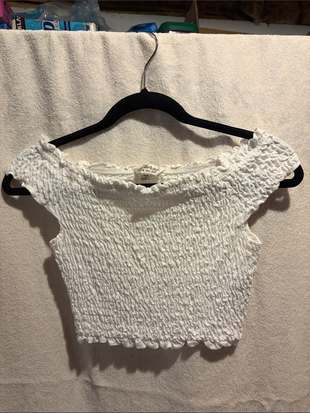 Smocked Off-Shoulder Crop Top - White